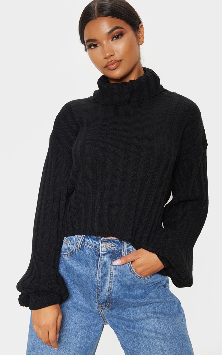 Black Balloon Sleeve Roll Neck Ribbed Jumper