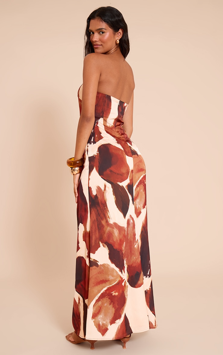 Brown Floral Satin Bandeau Maxi Dress image 2