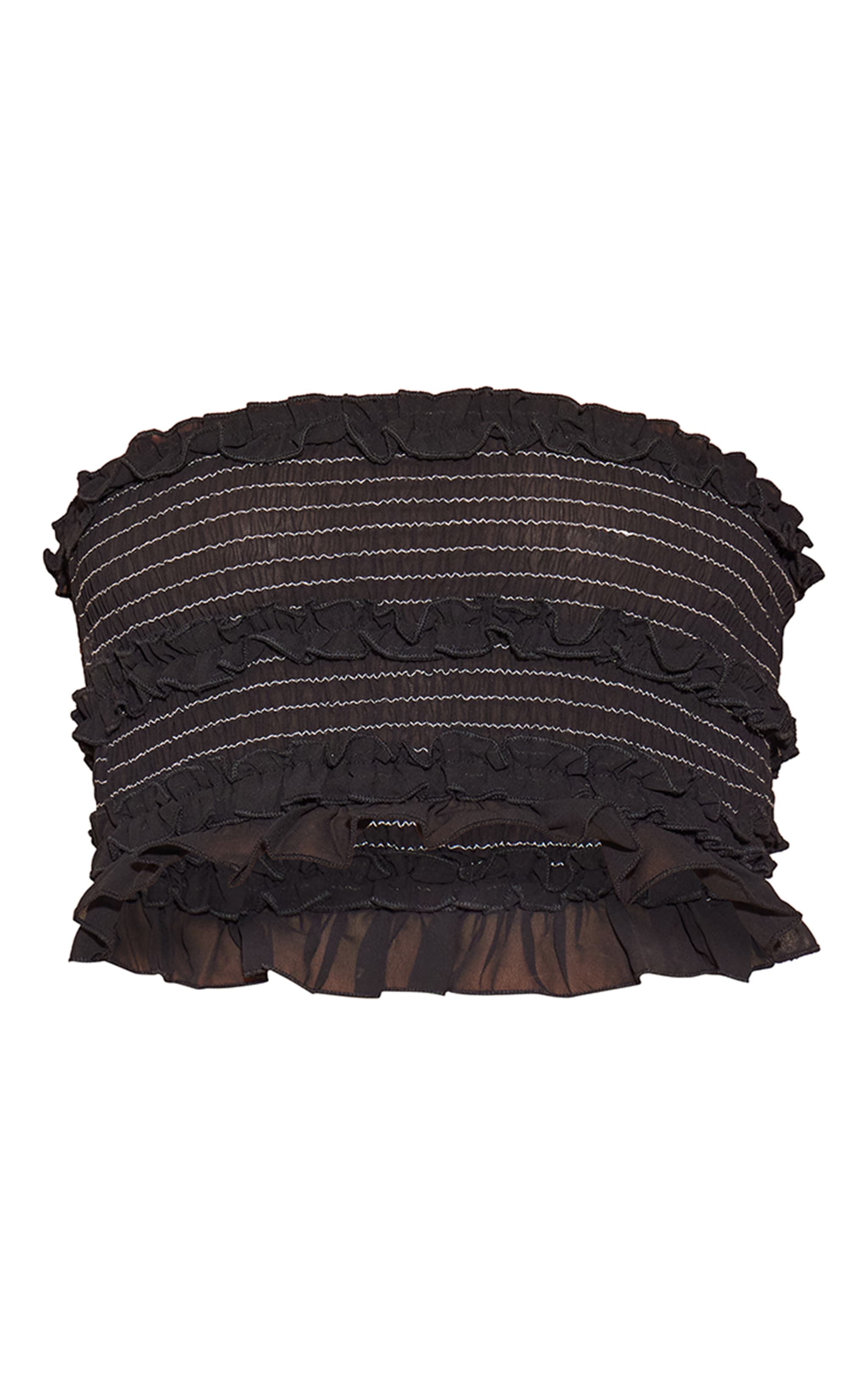 Black Chiffon Contrast Stitch Shirred Bandeau Crop Top image 5