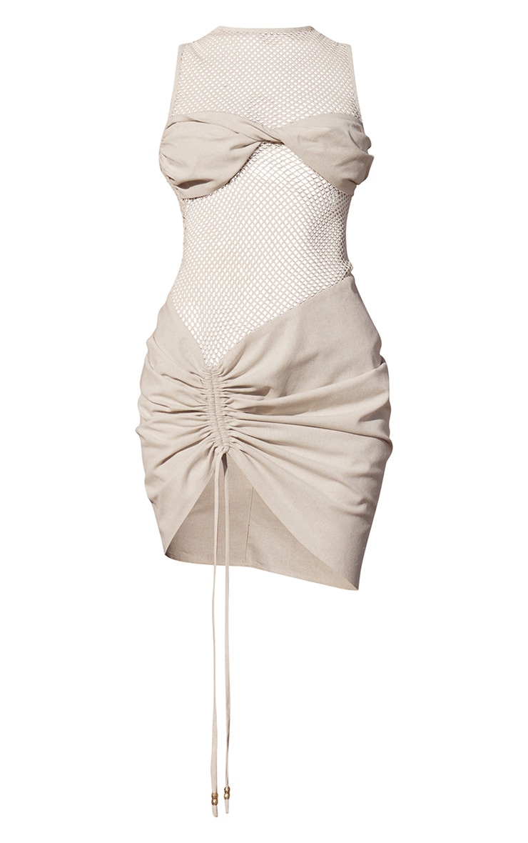 PLT Label Off White Sheer Panel Detail Ruched Bodycon Dress image 5