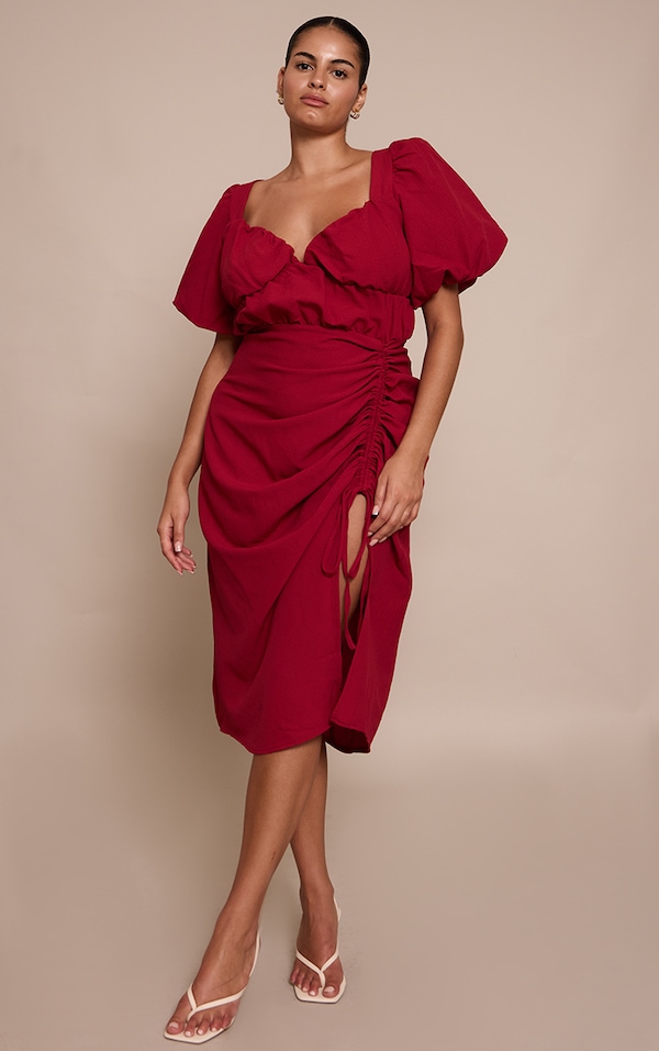 Plus Deep red Puff Sleeve Ruched Split Side Midi Dress