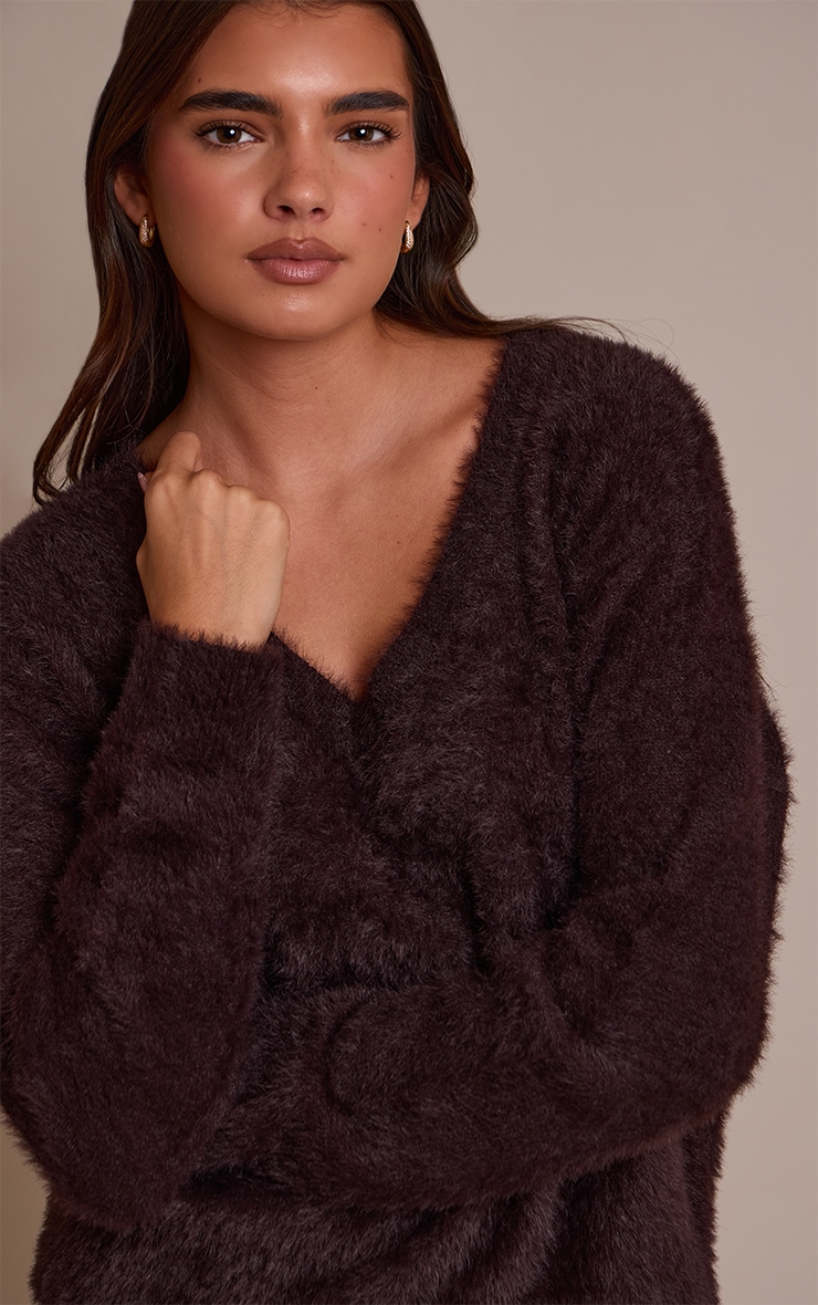 Chocolate Fluffy V Neck Knitted Oversized Jumper image 4