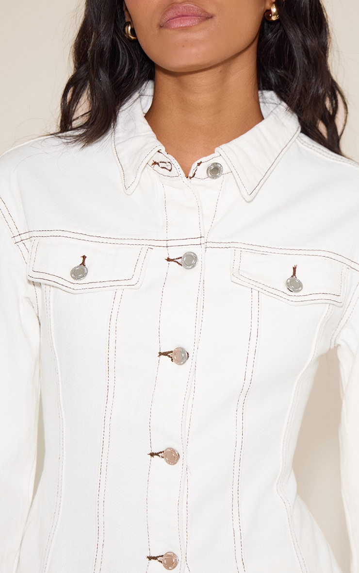 White Contrast Stitch Long Sleeve Cinch Waist Denim Jacket image 4