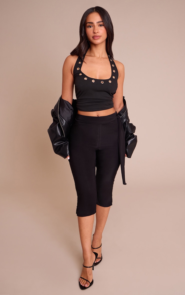 Petite Black Double Layer Wrap Waist Capri Leggings