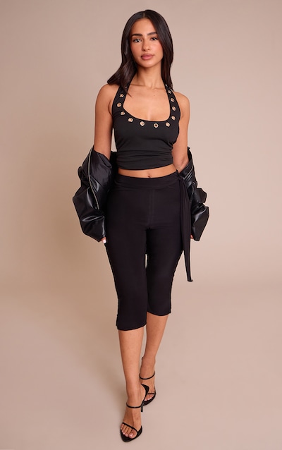 Petite Black Double Layer Wrap Waist Capri Leggings