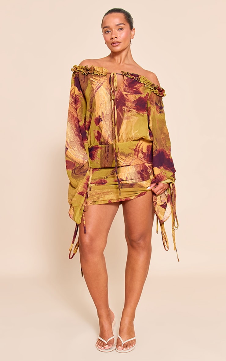 Shape Olive Abstract Print Off Shoulder Frill Ruched Mini Dress image 3