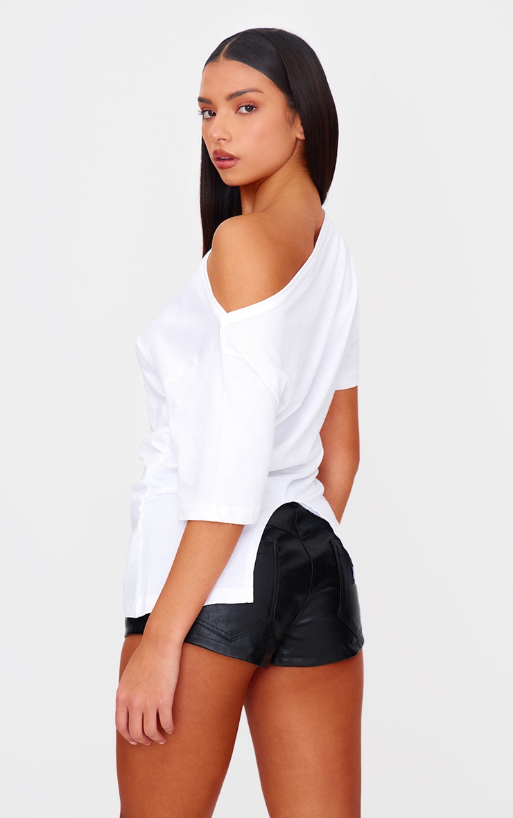 White Asymmetric Ruched Side Detail T Shirt image 2