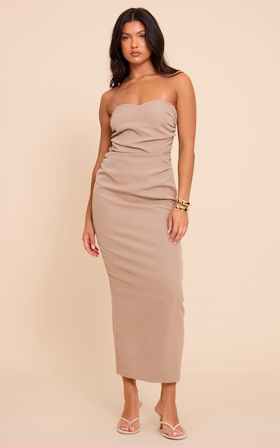 Robe de tailleur bustier mi-longue tissée café au lait froncée