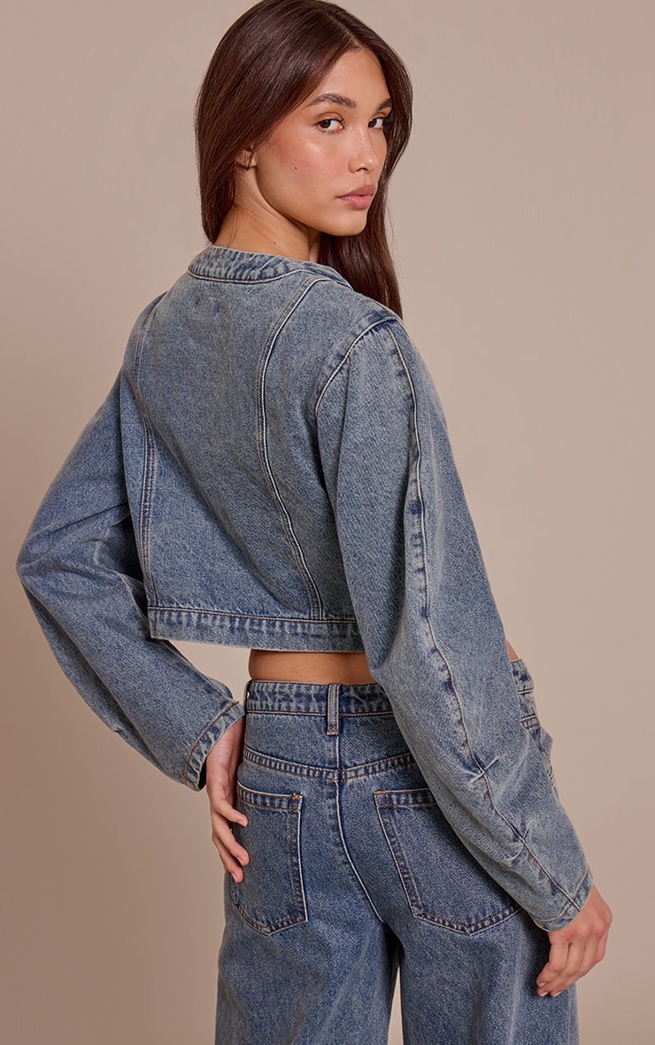 Vintage V Neck Curved Hem Cropped Denim Jacket image 2