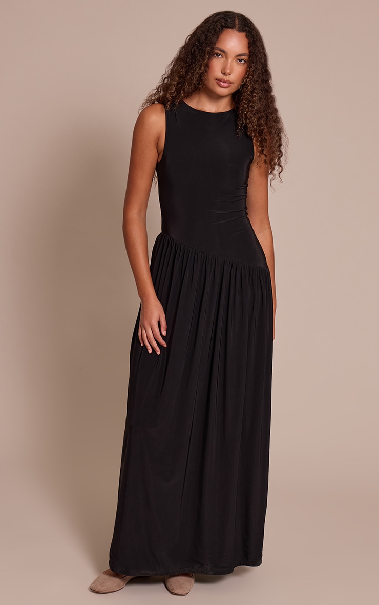 Tall Robe longue doublée douce noire à taille tombante asymétrique image 1