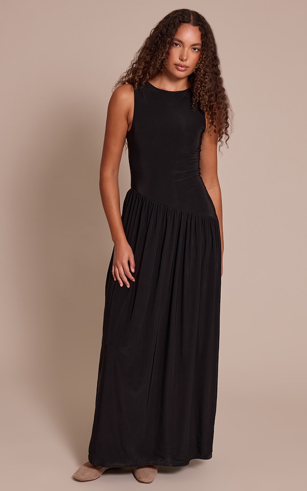 Tall Black Double Layer Soft Touch Asymmetric Dropped Waist Maxi Dress