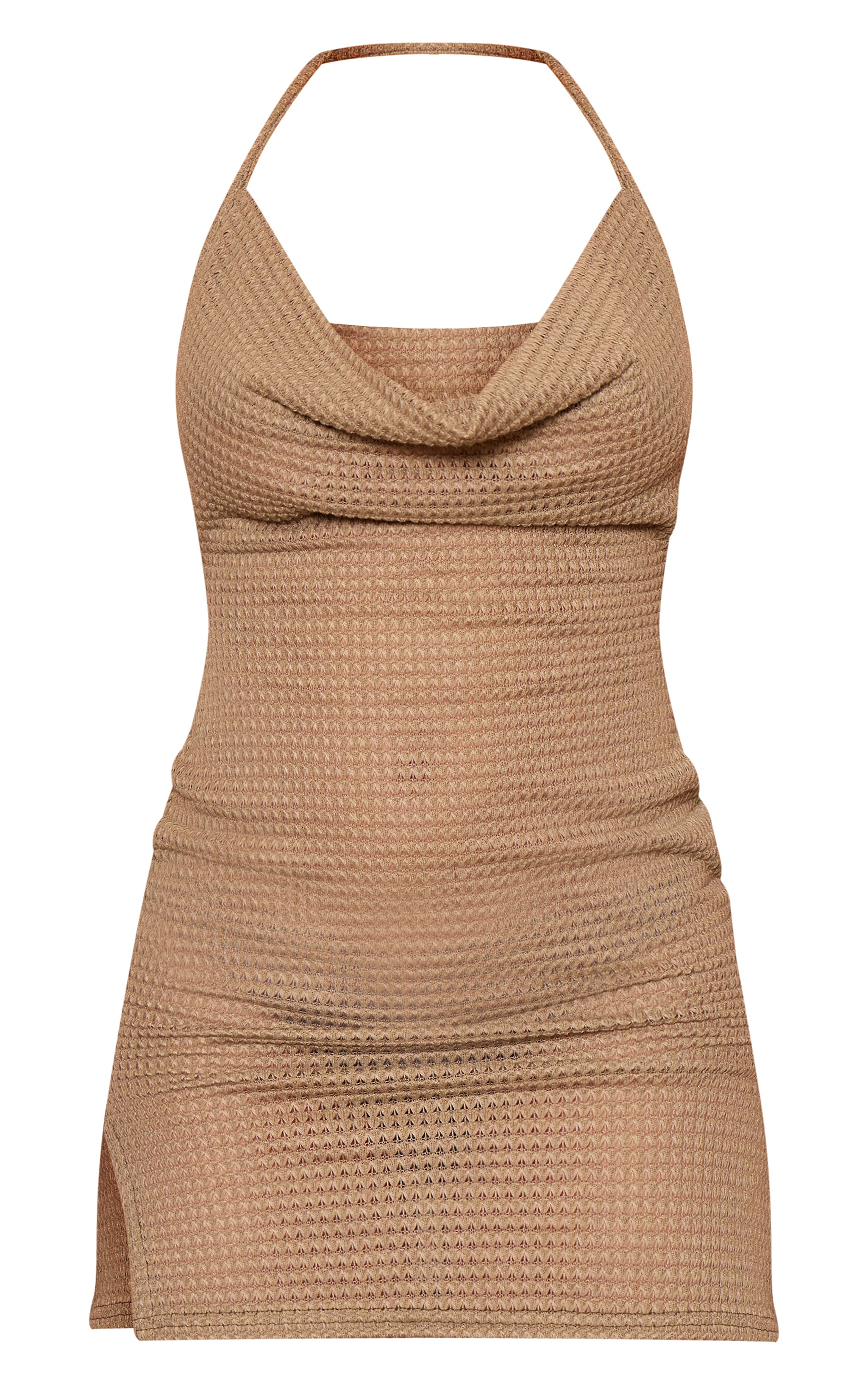 Khaki Textured Sheer Cowl Halter Bodycon Dress | Dresses