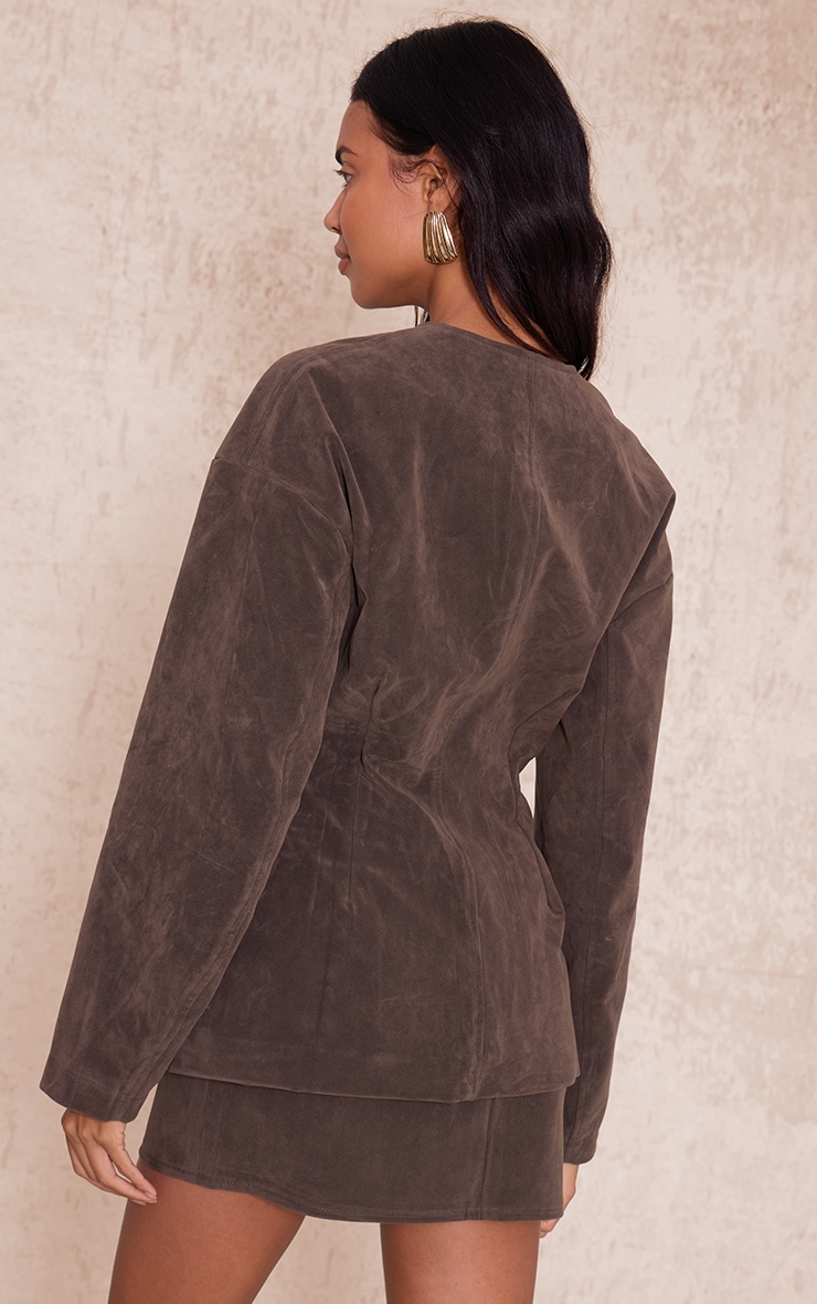 Khaki Suede Collarless Cocoon Sleeve Blazer image 2