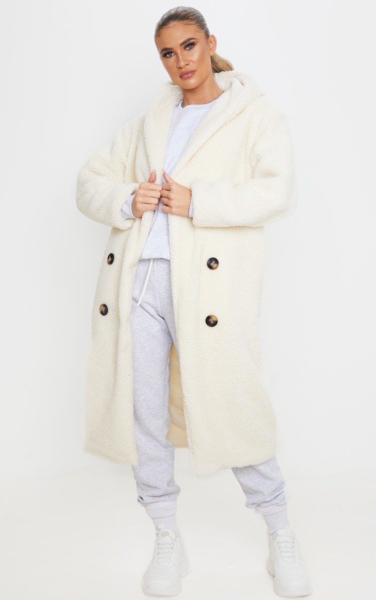 Cream Borg Hooded Midi Coat