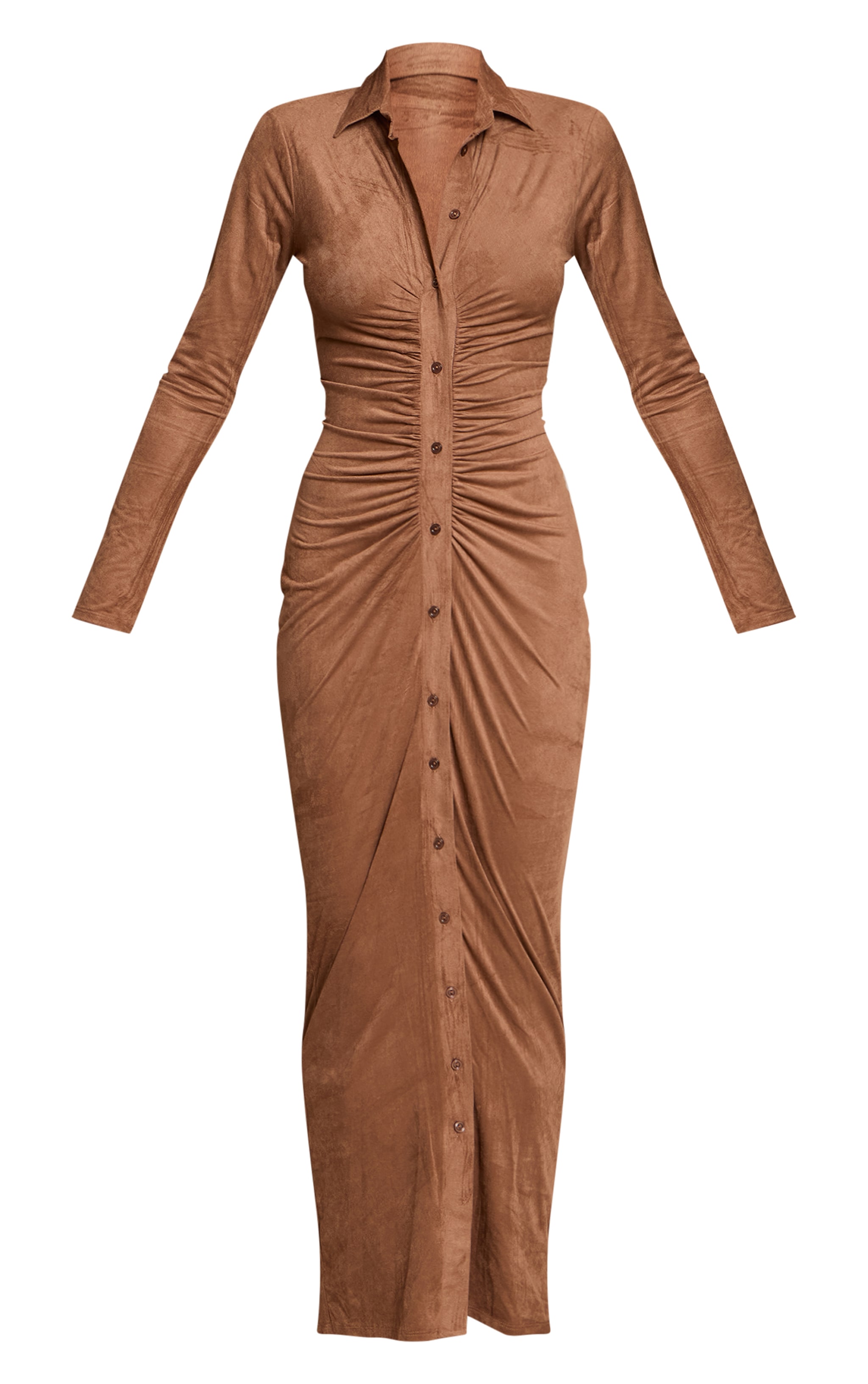 Chocolate Faux Suede Long Sleeve Ruched Button up Maxi Dress image 5