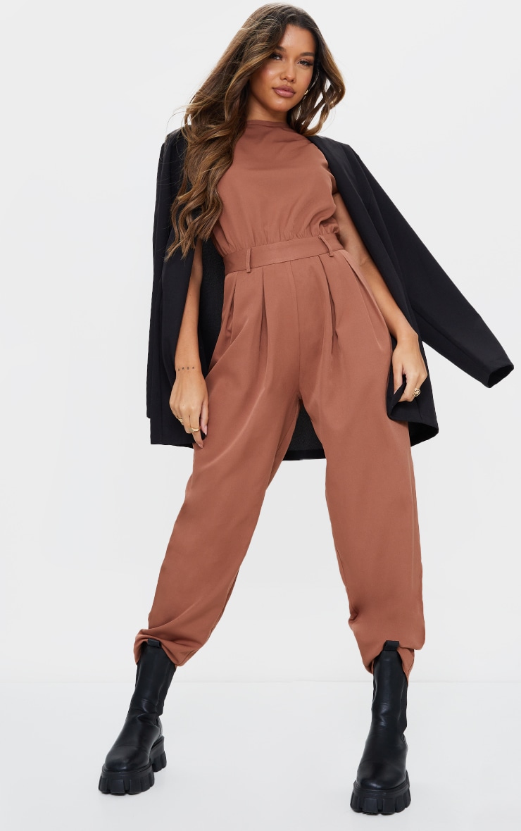 Chocolate Shoulder Pad Tailored Woven Jumpsuit
