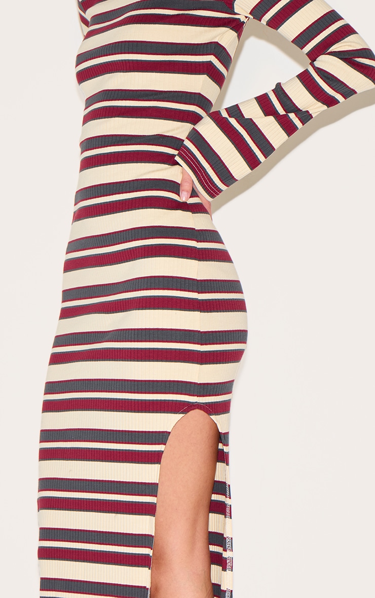 Burgundy Striped Boat Neck Long Sleeve Bodycon Dress image 4
