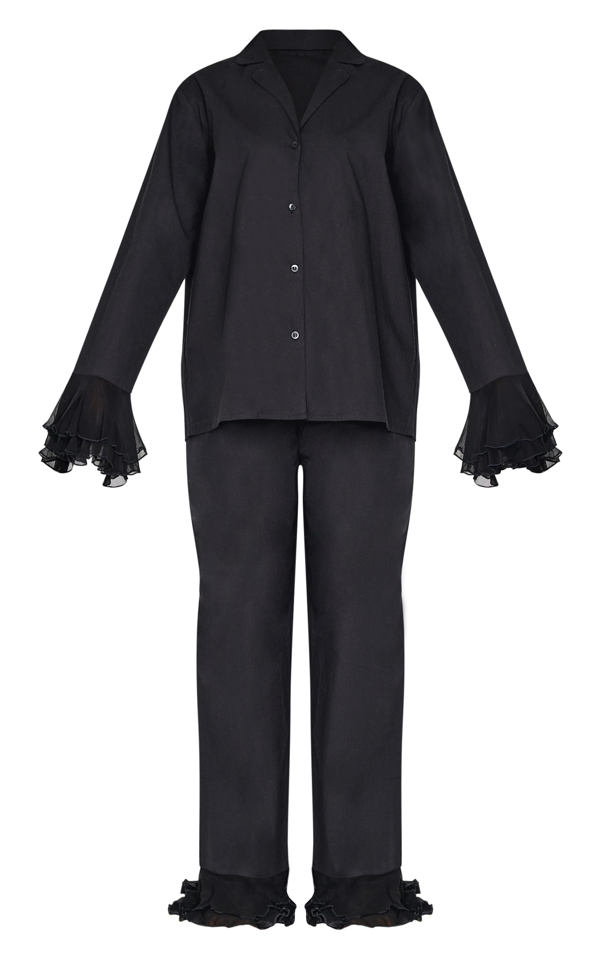 Black Frill Hem Cotton Long Pj Set image 5