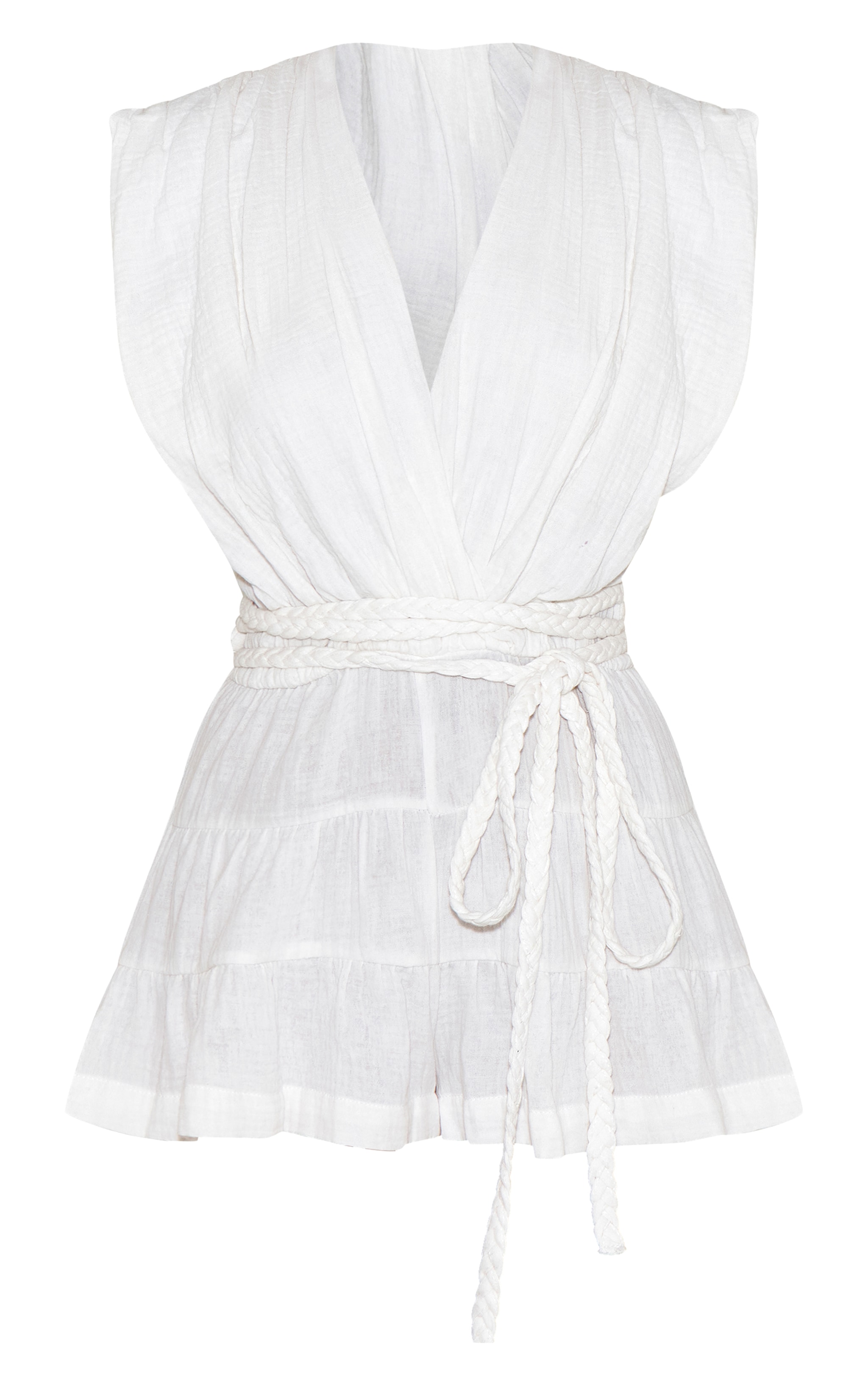 White Textured V Neck Tie Waist Romper image 5