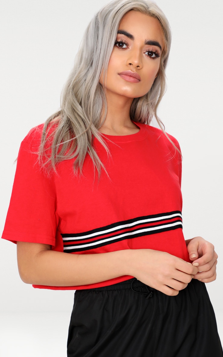 Red Sporty Tape Crop T Shirt Tops PrettyLittleThing