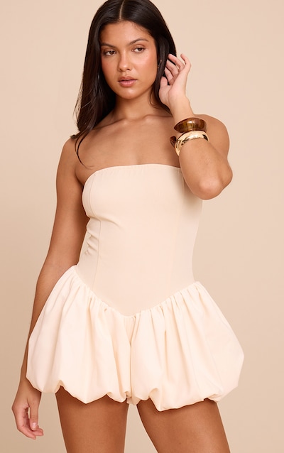 Combishort bustier tissé gris pierre à ourlet bouffant contrastant
