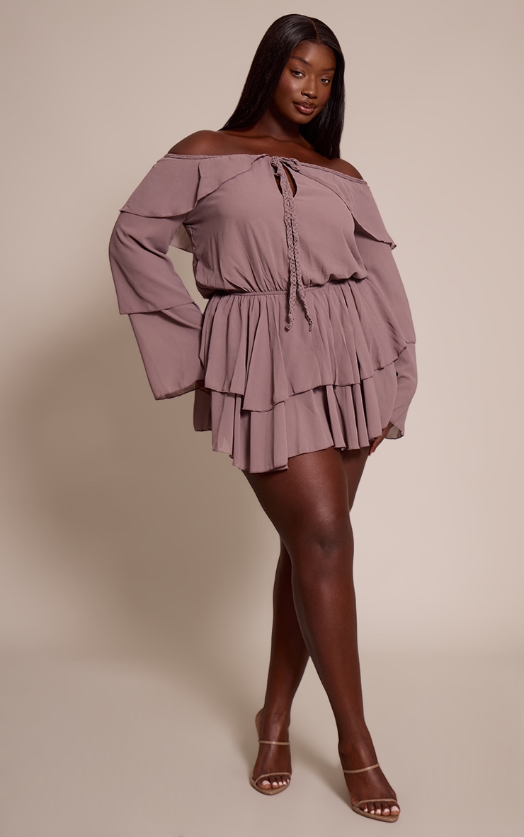 Plus Mushroom Chiffon Ruffle Detail Long Sleeve Romper image 3