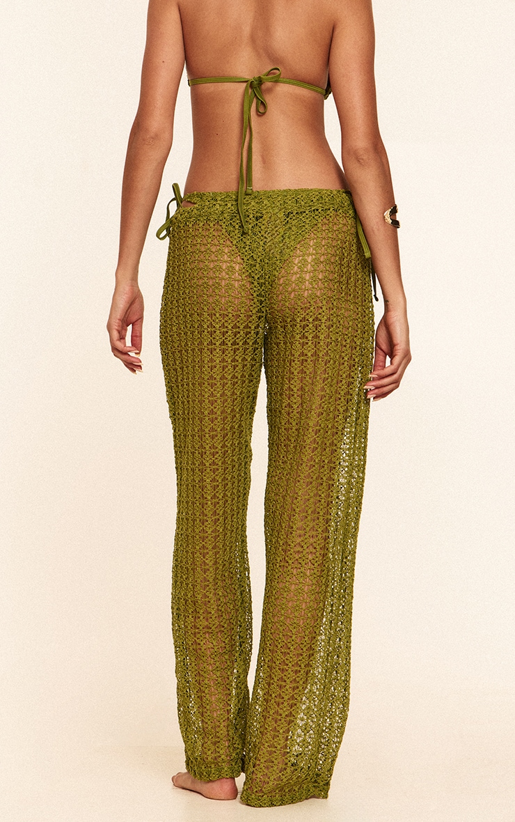 Pantalon de plage large en maille style crochet vert olive à taille basse image 3
