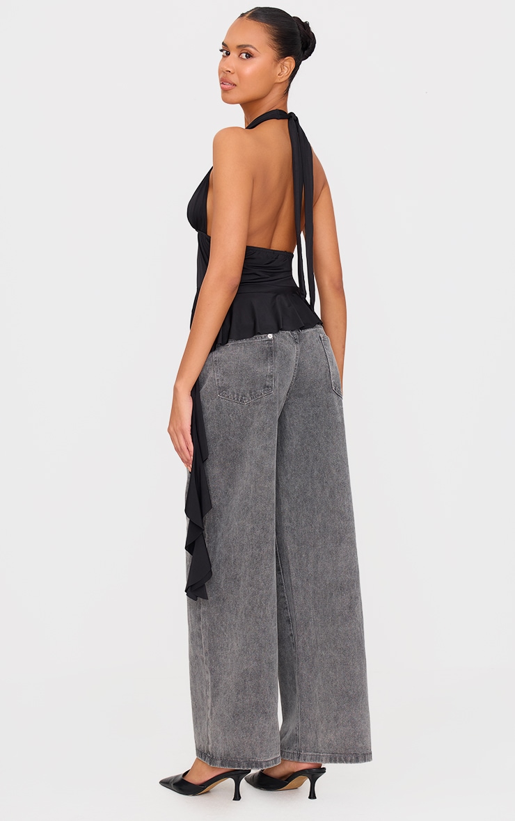 Black Slinky Ruffle Detail Halterneck Long Top image 2
