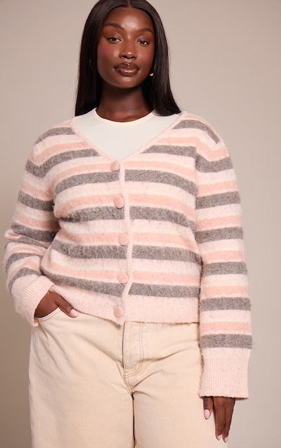 Plus Pink Striped Brushed V Neck Covered Button Knitted Cardigan