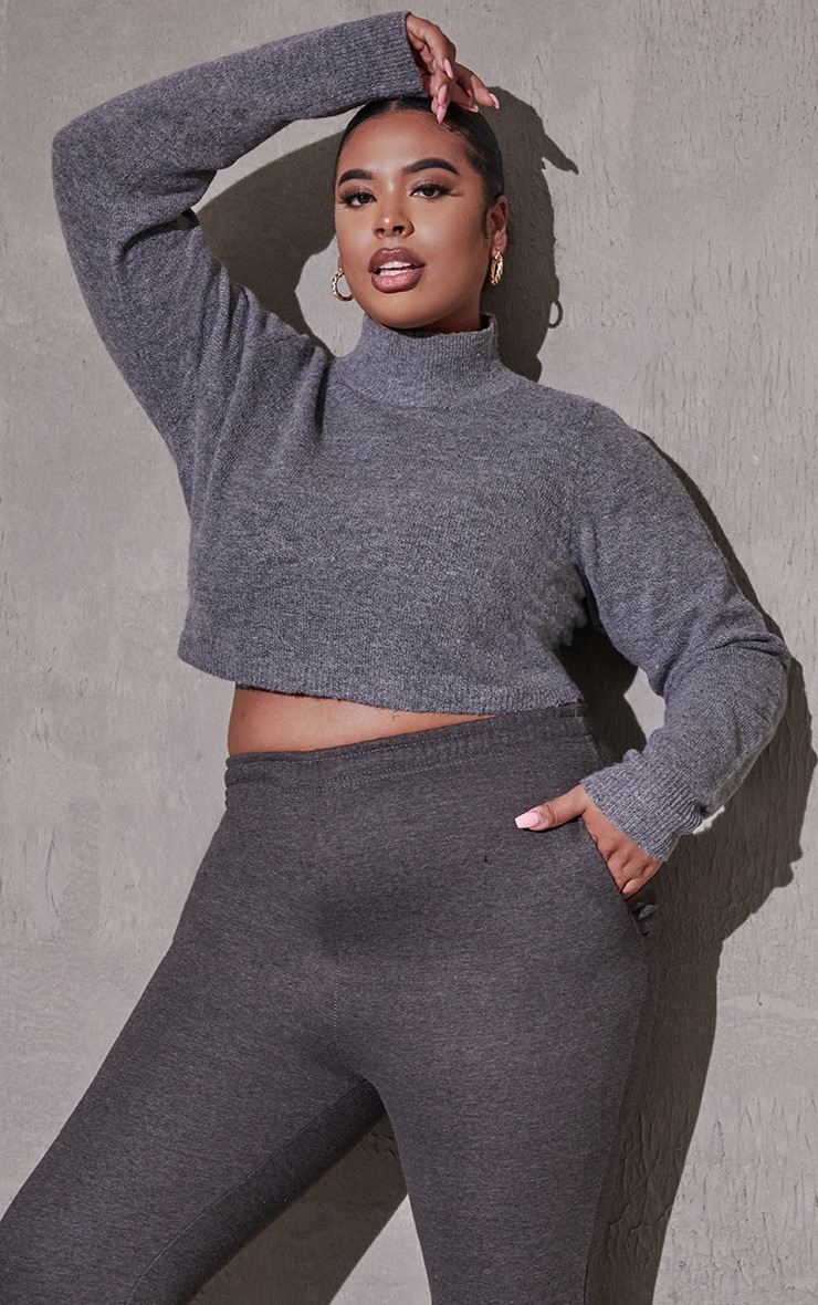 Plus Charcoal Recycled Funnel Neck Crop Jumper