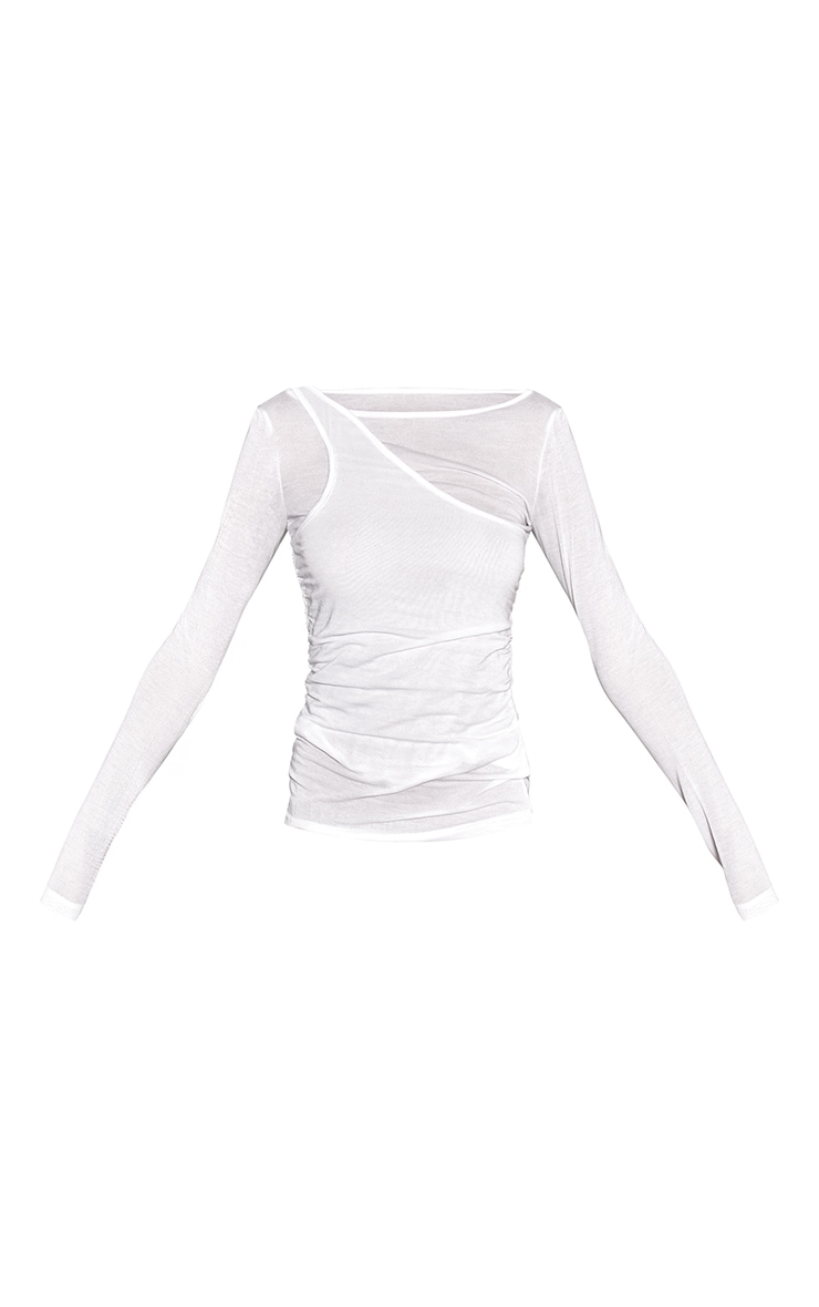 White Sheer Soft Touch Asymmetric  Overlay Long Sleeve Top  image 5