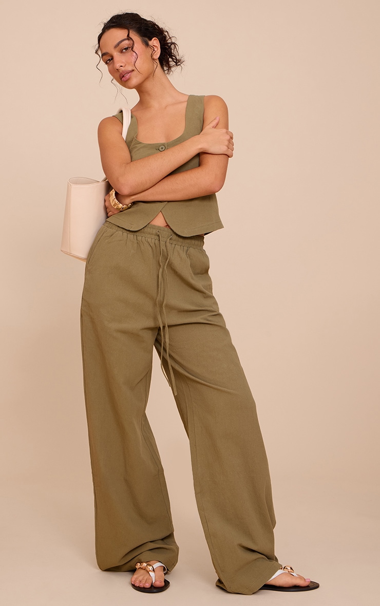 Khaki Tailored Linen Look Draw String Wide Leg Pant image 1