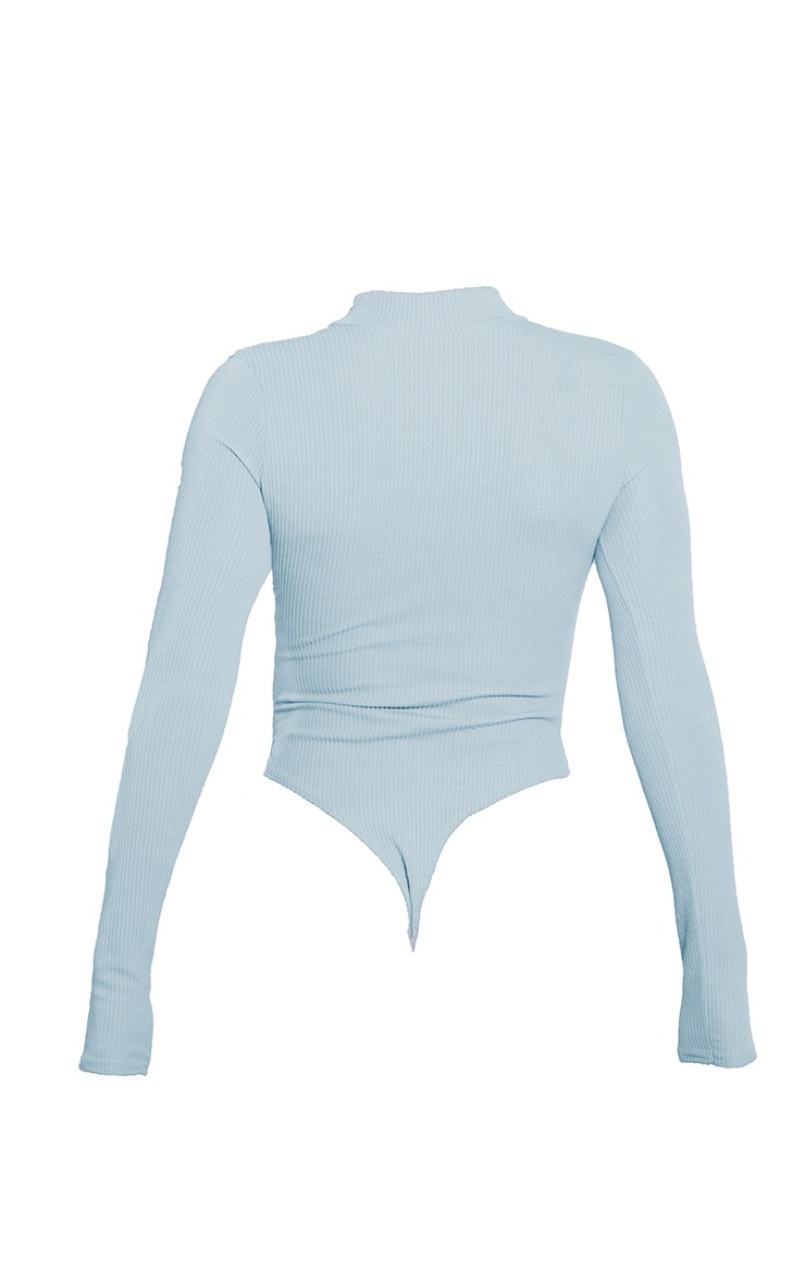 PRETTYLITTLETHING Blue Crinkle Rib Half Zip Bodysuit image 5