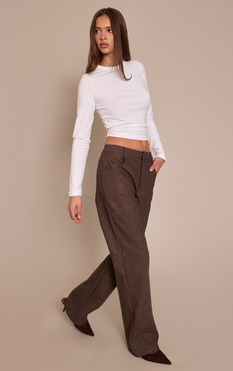 Brown Textured Faux Leather Straight Leg Pants image 2