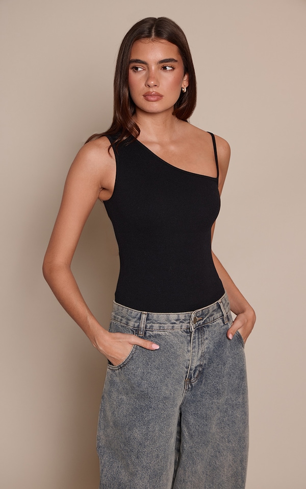 Black Contour Rib Strap Detail Bodysuit