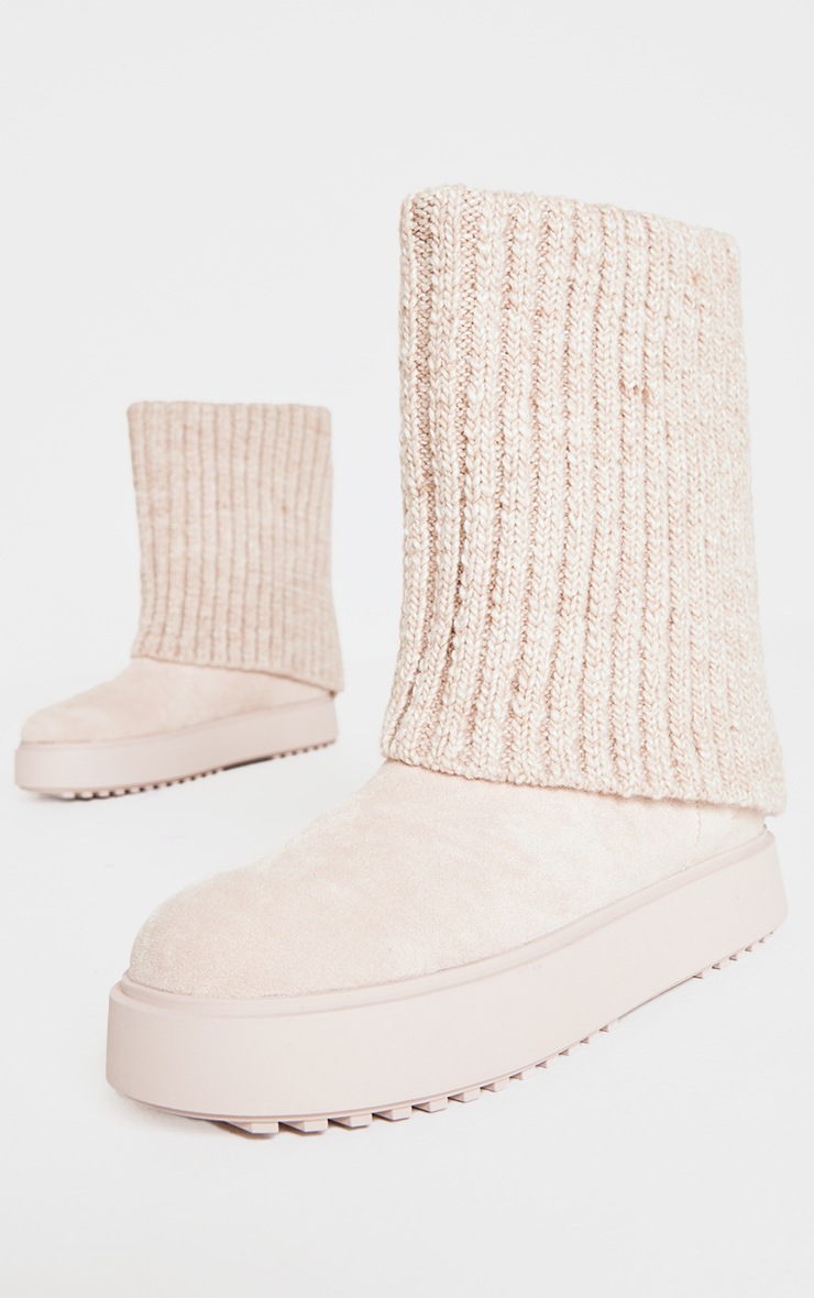 Beige Knit Fold Over Chunky Sole Boots image 2