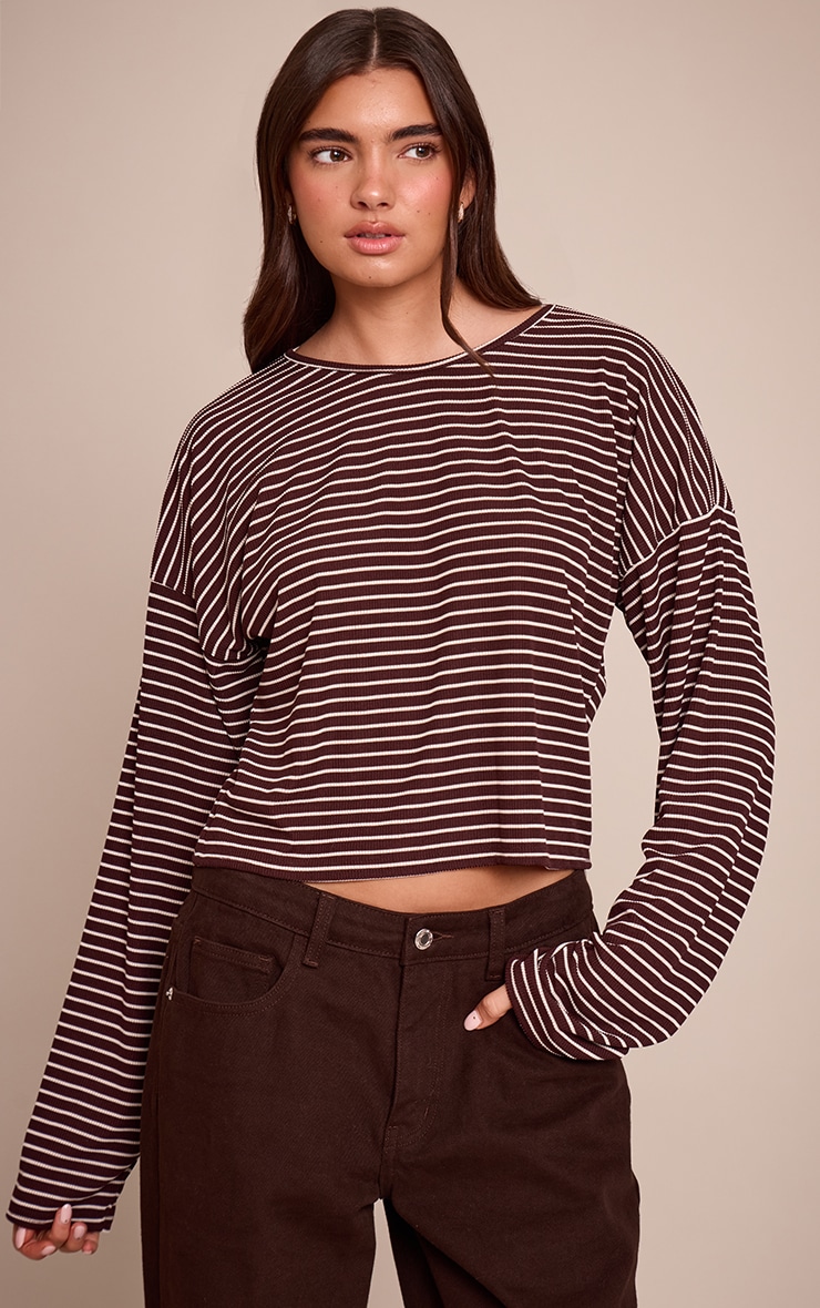 Chocolate Ribbed Stripe Oversized Slouchy Long Sleeve Top
