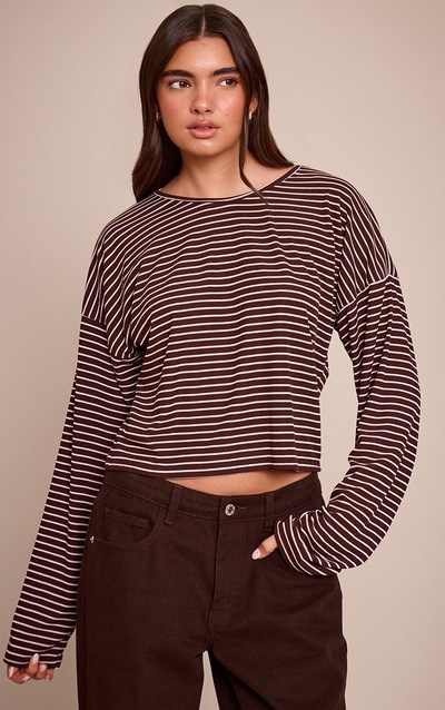 Chocolate Ribbed Stripe Oversized Slouchy Long Sleeve Top