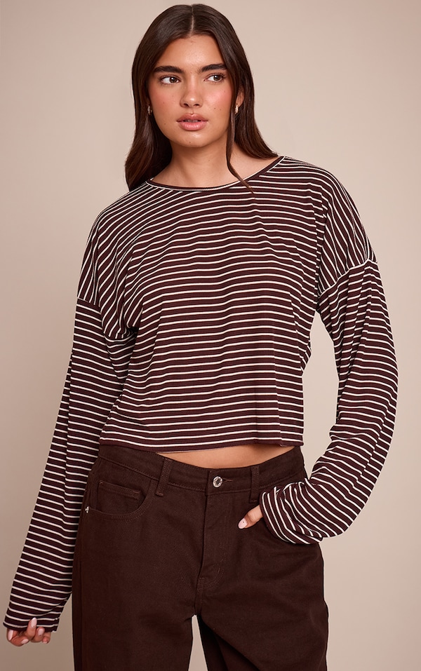 Chocolate Ribbed Stripe Oversized Slouchy Long Sleeve Top 