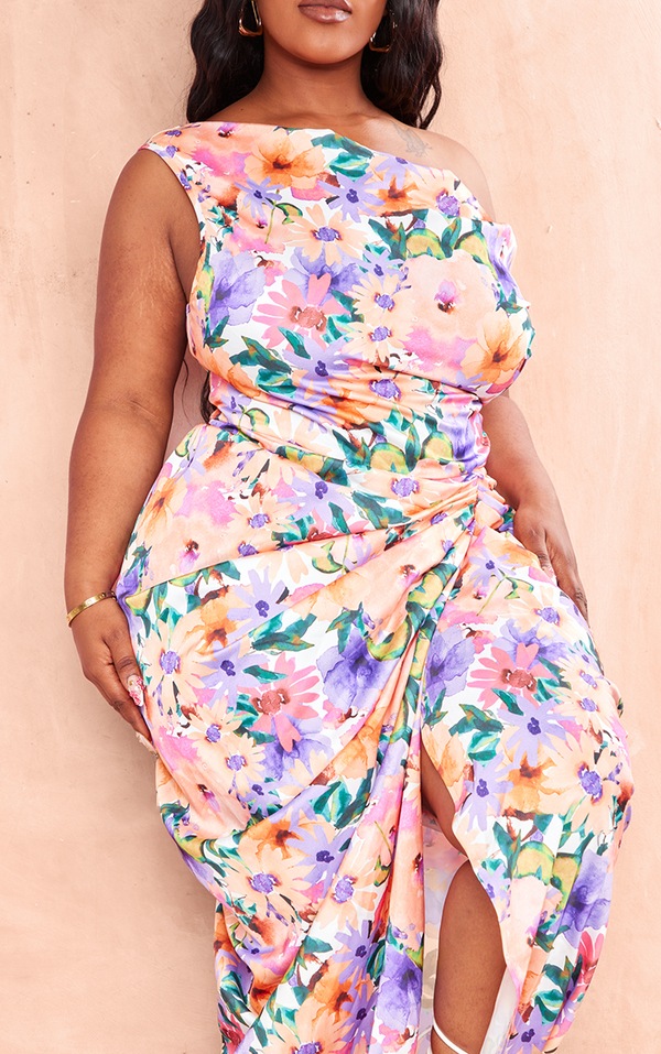 Plus Multi Floral Off The Shoulder Draped Skirt Dress | Plus Size