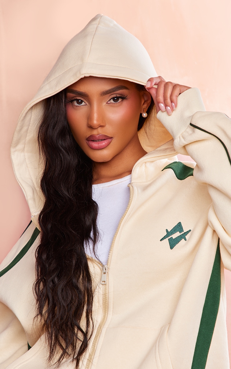 Cream Embroidered Graphic Contrast Zip Oversized Hoodie image 4