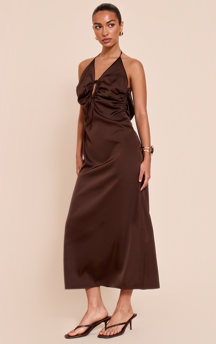 Chocolate Satin Tie Front Maxi Dress image 3
