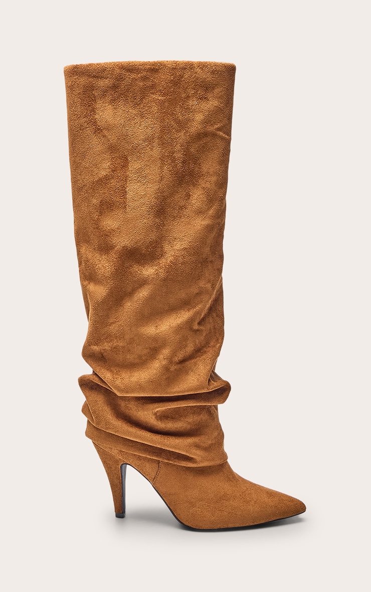 Bottes hautes repliées froncées en suédine marron clair image 2