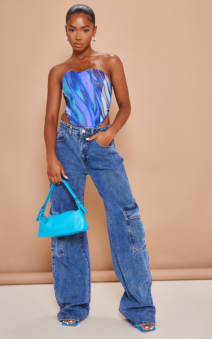 Bright Blue Boned Printed Corset Tops PrettyLittleThing