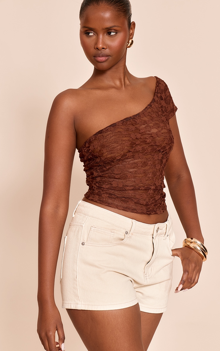 Chocolate Textured Lace Asymmetric Neck Long Top image 4