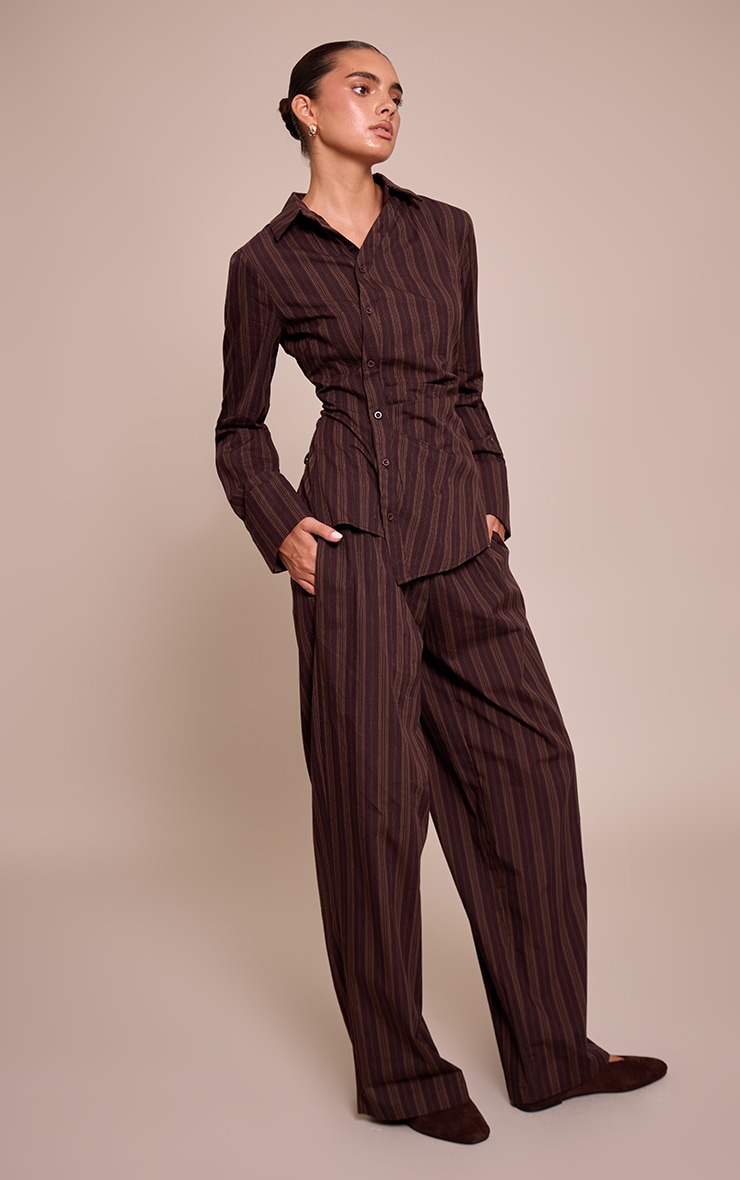 Dark Brown Woven Pinstriped Straight Leg Pant image 2