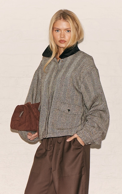 Monochrome Herringbone Contrast Collar Jacket