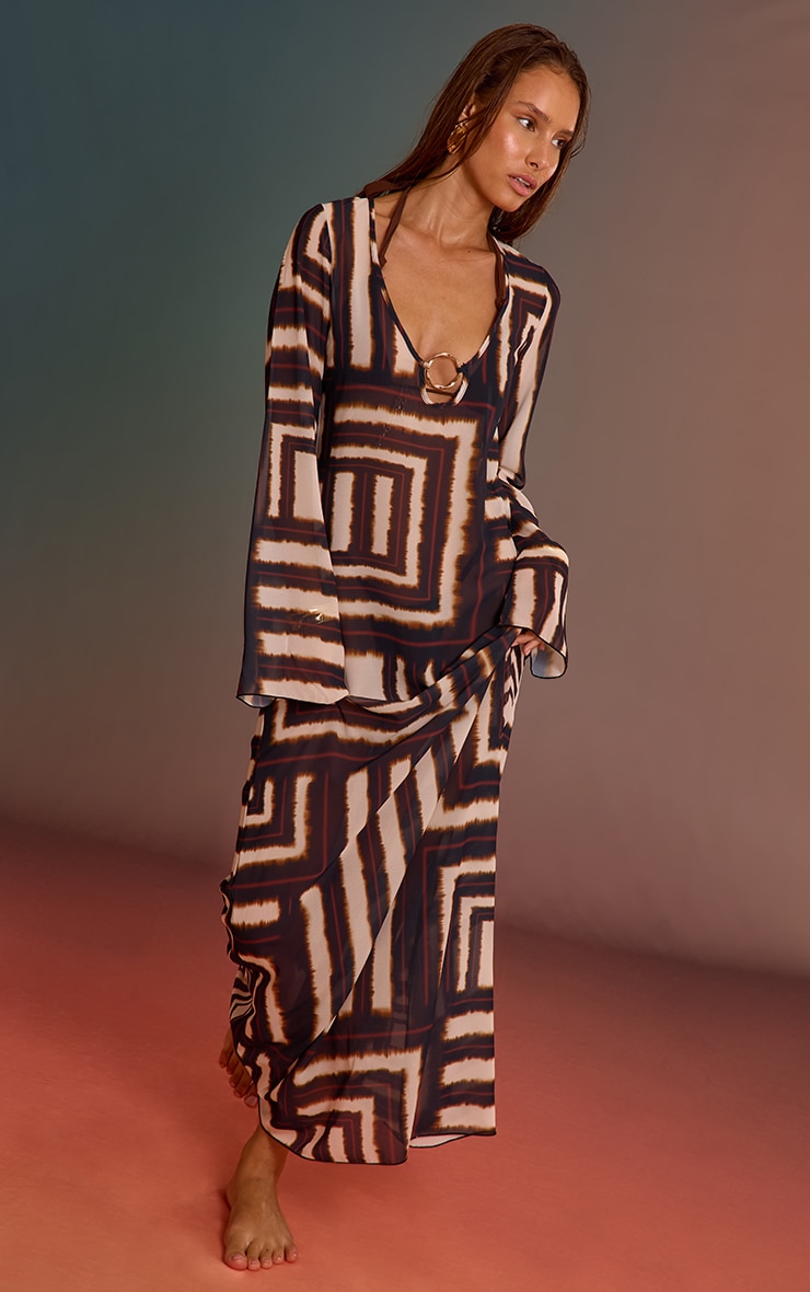 Brown Geometric Chiffon Ring Detail Beach Dress image 3
