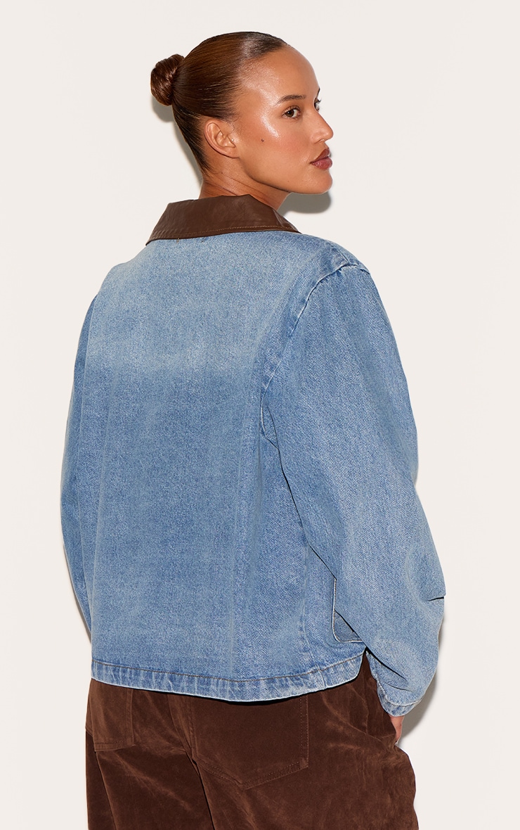 Plus Light Vintage Blue Faux Leather Collar Denim Jacket image 2
