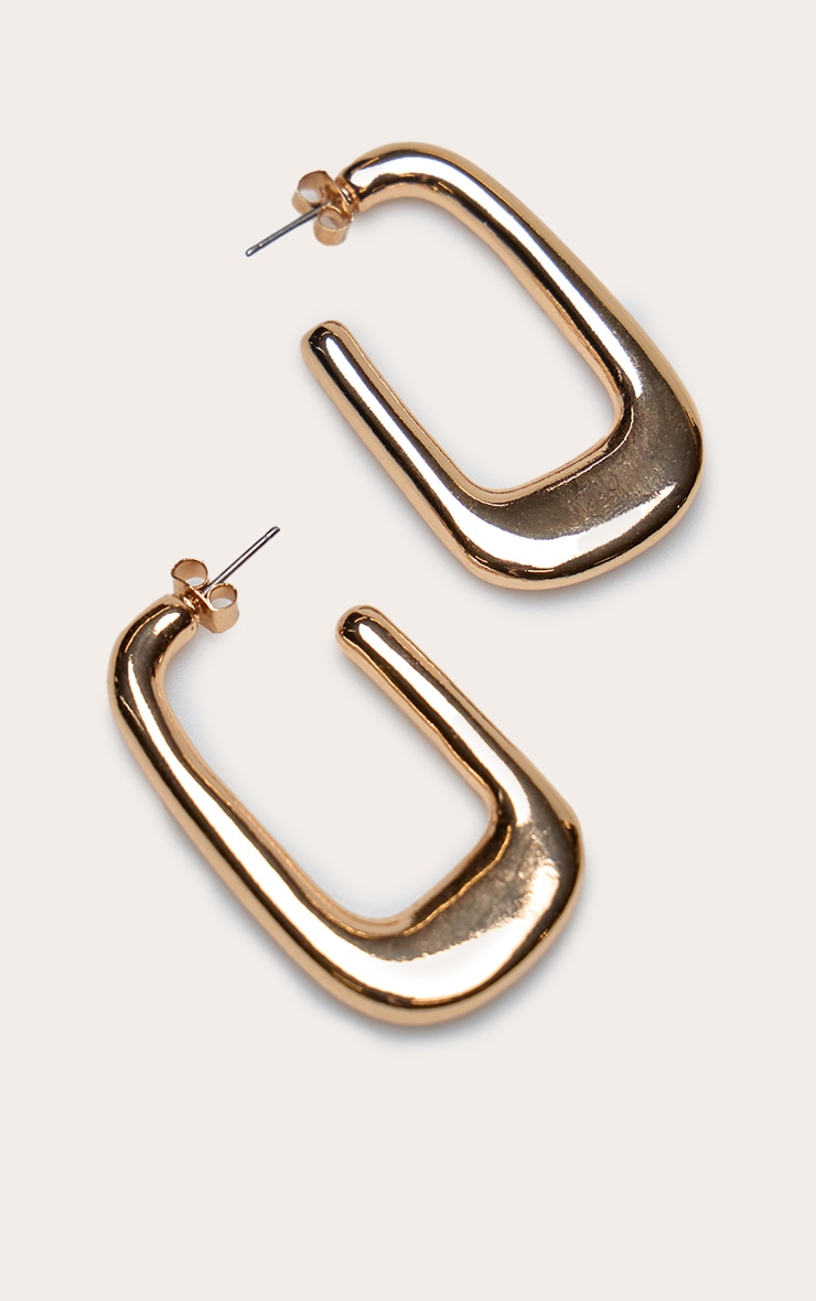 Gold Smooth Chunky Rectangular Hoop Earrings image 3